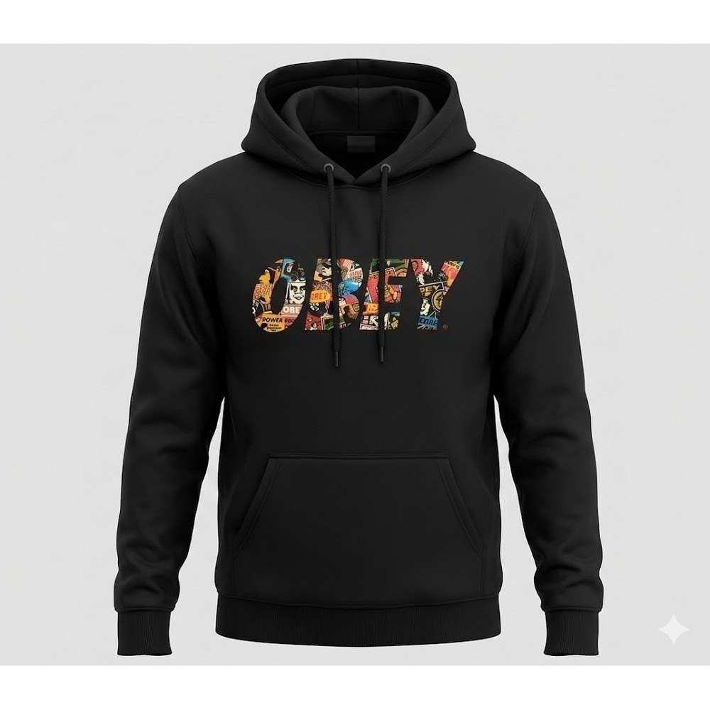 Obey Graphic Print Hoodie Black Sweatshirt Mens Medium Streetwear Skater